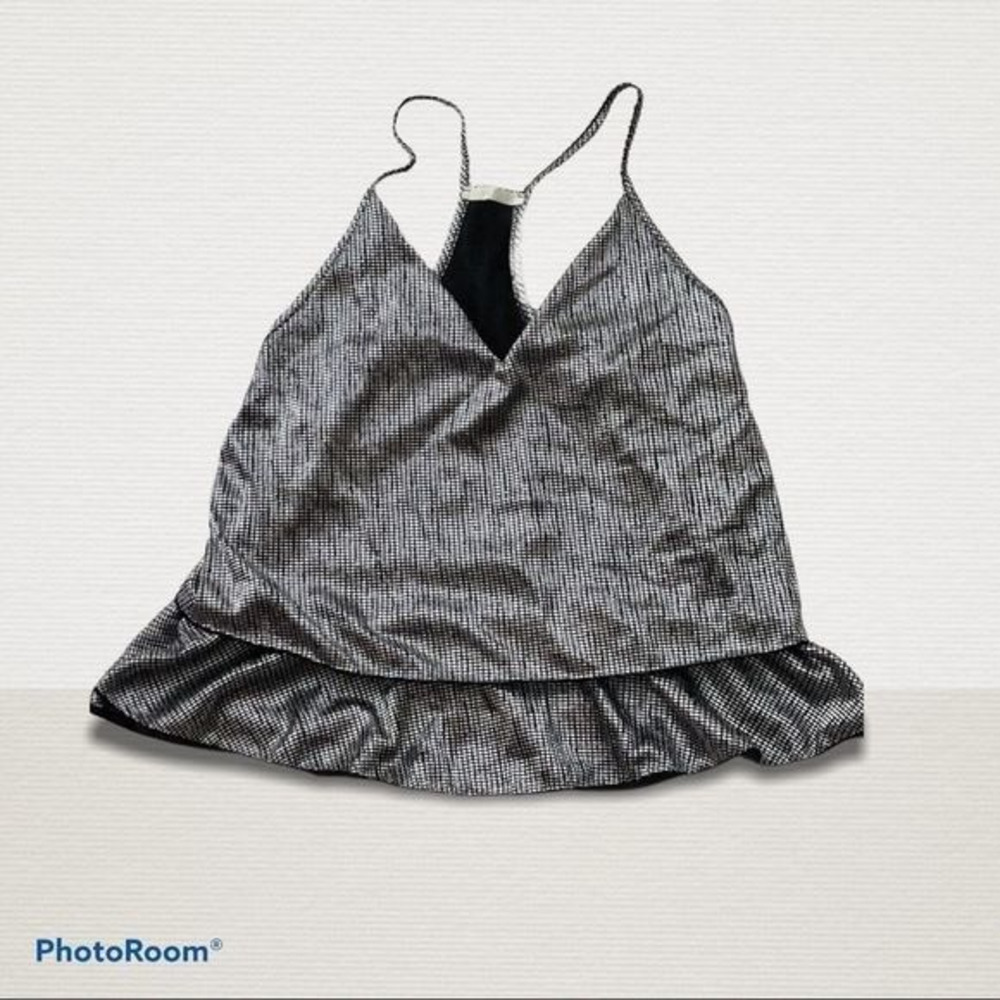 Olive Tree silver shine party ruffle‎ hem tank top